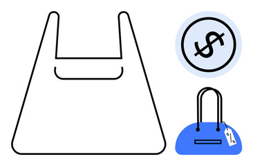 Shopping bag outline, blue handbag with price tag, and dollar sign in circle. Ideal for retail, shopping, commerce, budgeting, sales marketing pricing. Line metaphor