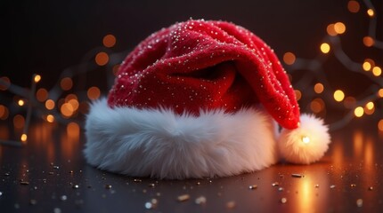 Sparkling Santa hat with festive lights on a dark background