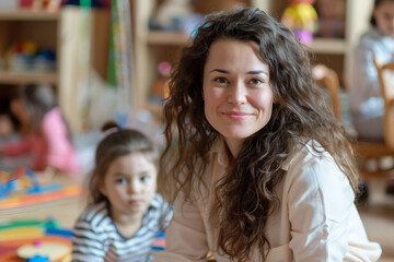Obraz premium Generative AI Teacher Smiling in Kindergarten Classroom with Children