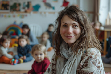 Fototapeta premium Generative AI Teacher Smiling in Kindergarten Classroom with Children