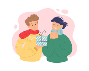 Man giving a present to a woman. Christmas presents concept. Vector illustration in simple style