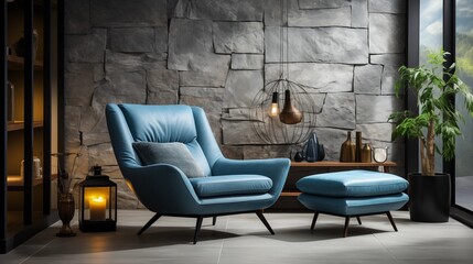 A contemporary loft living room with a blue armchair and bench set against a stone-tiled wall, creating an industrial yet cozy vibe.