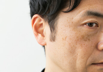 Close-up of freckles and sunspots around the right cheekbone of a man in his 40s