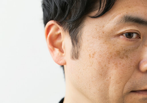 Close-up of freckles and sunspots around the right cheekbone of a man in his 40s
