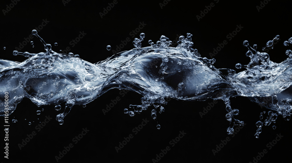 Poster refreshing water wave creating bubbles against a dark backdrop, ideal for illustrating purity, hydra