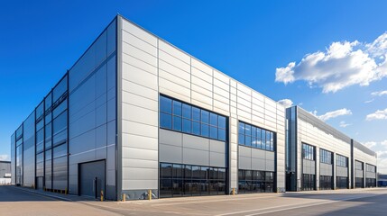 Industrial warehouse with a mix of light gray and silver, large black windows.