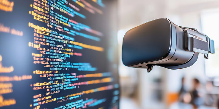Virtual reality headset displaying programming code on screen office