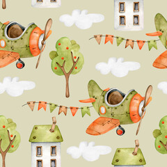 Kids cartoon pattern with airplane,house,tree,cloud.Pattern for littel boy.Childish background.Vintage transport.Fabric design for kids.Retro transport © Victoria