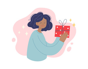 Woman with Christmas present. Festive winter concept. Vector illustration in simple style
