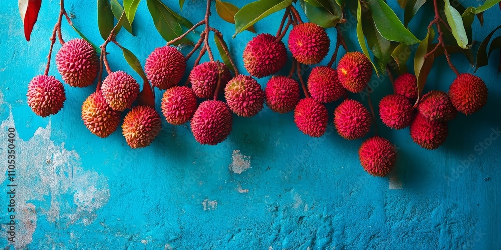 Aufkleber fresh lychee fruits displayed beautifully against a vibrant blue background, highlighting the unique