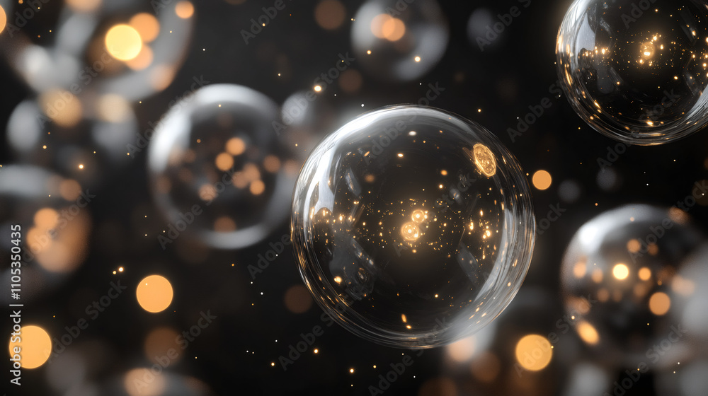 Poster Glowing particles inside transparent spheres creating a magical and mysterious atmosphere in dark space