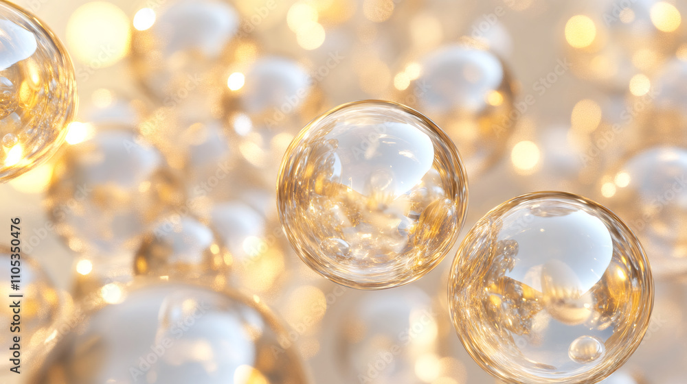 Poster Luxurious and elegant atmosphere created by golden spheres floating in a luminous abstract background