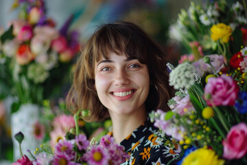 Fototapeta premium Generative AI Florist in Flower Store Surrounded by Blooms Bouquets Holiday gifts