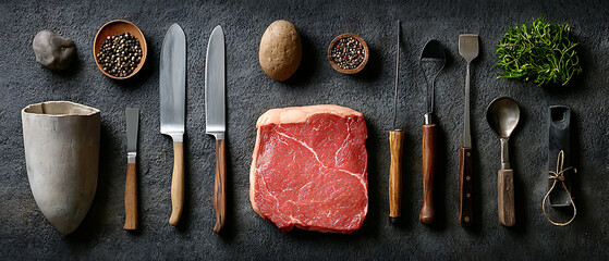 Premium culinary preparation of raw steak with essential tools home kitchen food photography cozy environment top-down viewpoint