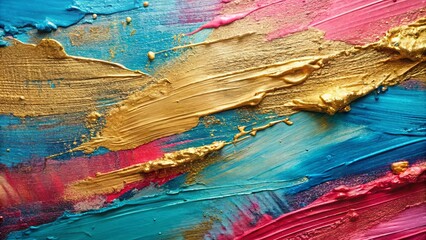 Fototapeta premium Abstract Gold, Teal, and Crimson Paint Texture Vibrant Swirls and Bold Strokes