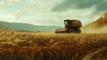 A combine harvester working in a golden wheat field under a cloudy sky.