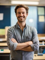 Fototapeta premium Smiling male teacher stands in classroom. Crossed arms. Positive, friendly teacher in classroom. Image suitable for education, school, teacher, college, university, student, mentor, learning,