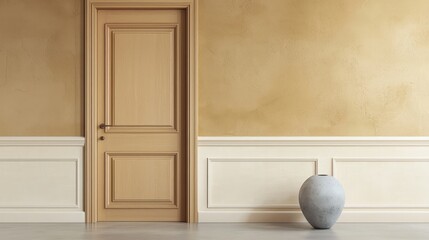 Pale oak door with a warm sand-colored wall and cream baseboards.