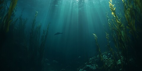 Fototapeta premium Mysterious dark underwater kelp forest image featuring unique marine life, offering ample space for text and visuals related to the captivating underwater kelp forest environment.