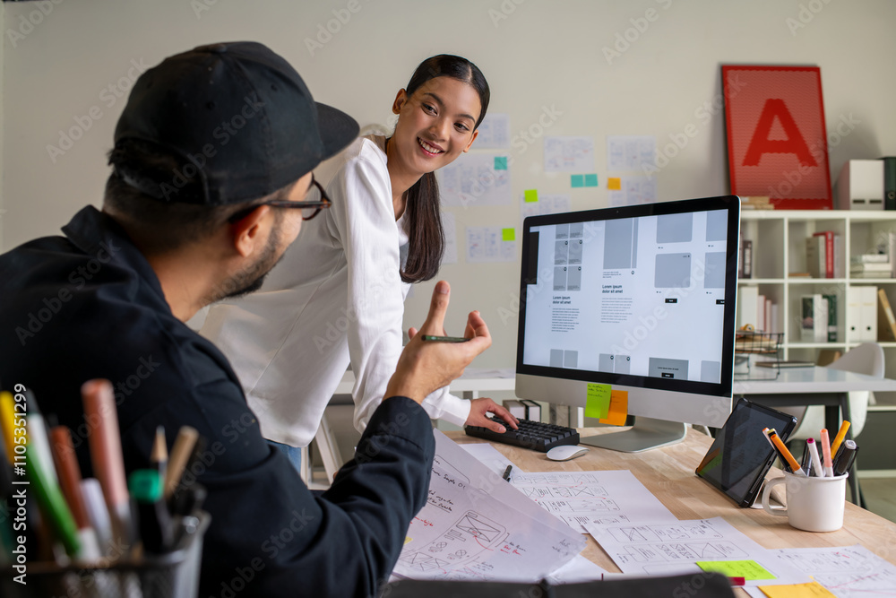 Poster ux ui designers discussing and brainstorming on wireframes for a website and mobile app prototype, i