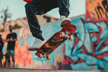 Performing a stunning skateboard trick at a competition, with onlookers cheering and vibrant graffiti art in the background, capturing the essence of urban sports culture