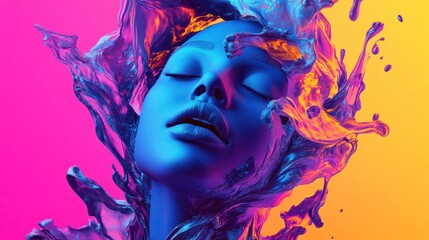Serene face engulfed in vibrant, flowing liquid,  pink and orange background.