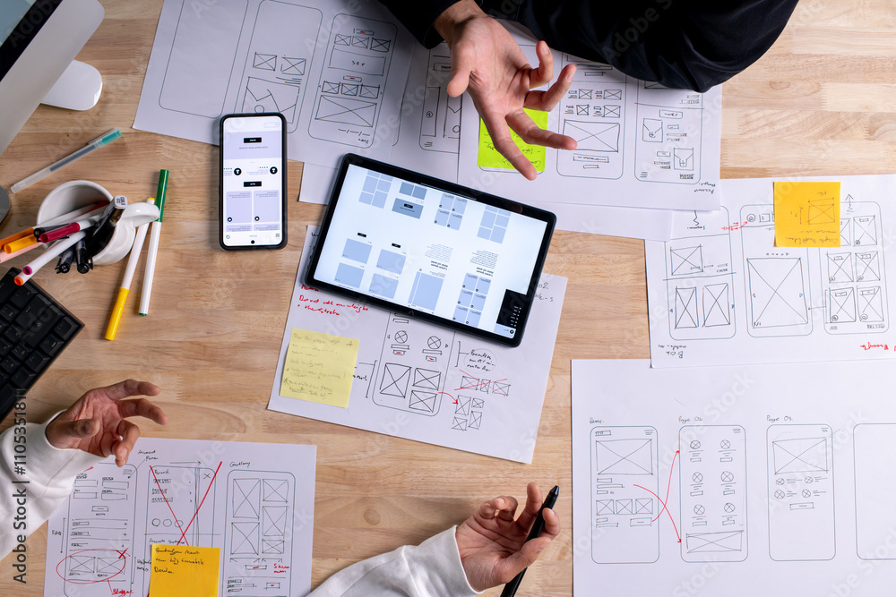 Aufkleber ux ui designers discussing and brainstorming on wireframes for a website and mobile app prototype, i