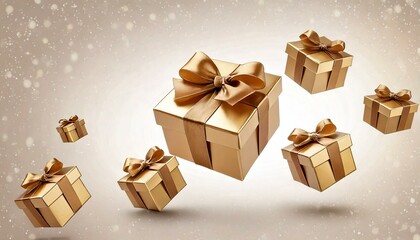 Mini golden gift boxes adorned with golden ribbons floating against a light festive backdrop
