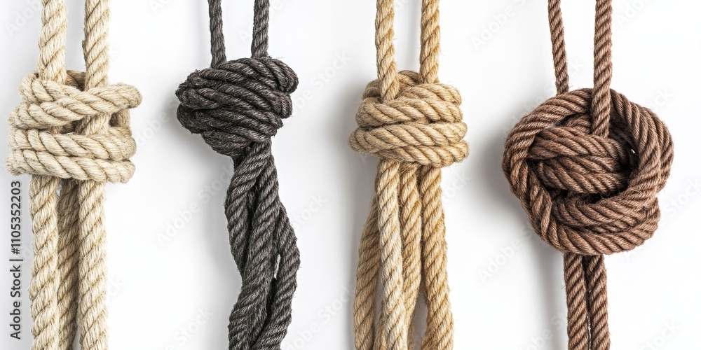 Leinwandbilder ropes are intricately tied and displayed against a crisp white background, highlighting the various 