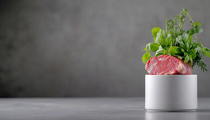 Premium culinary experience raw steak with fresh herbs minimalist kitchen food photography contemporary style