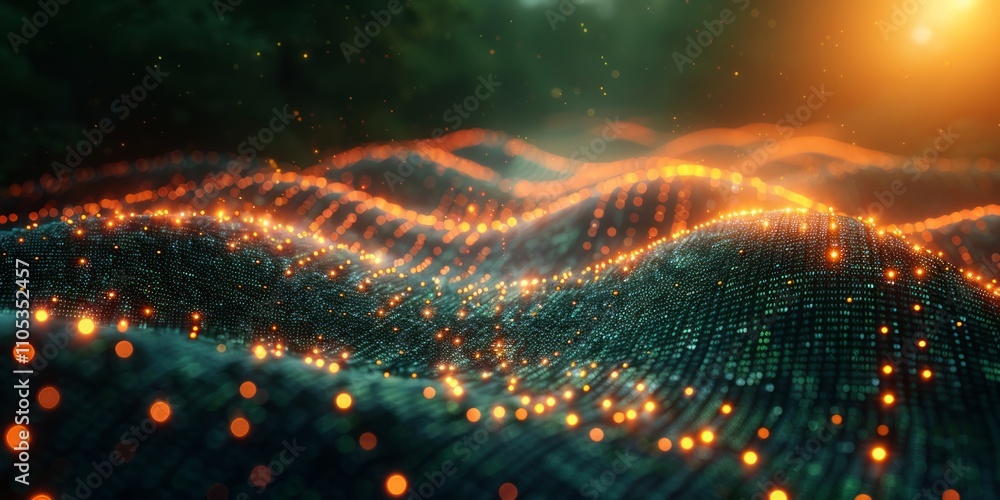 Poster abstract digital landscape with glowing orange and green particles forming dynamic wave patterns