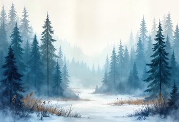 Fototapeta premium Foggy winter forest landscape. Frozen river flows through snowy woods. Tall evergreen trees stand in misty atmosphere. Nature scene in wintertime. Quiet, peaceful ambiance. Perfect for nature