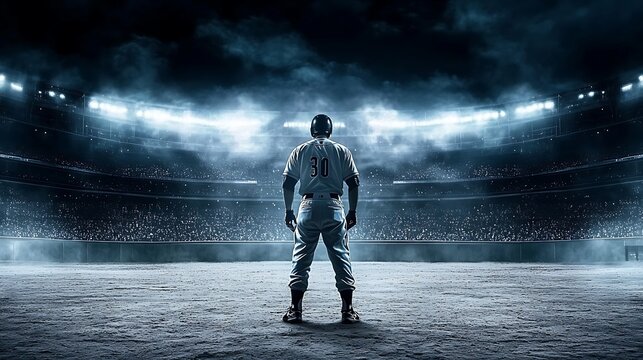 A poised baseball player stands at the center of the stadium.
