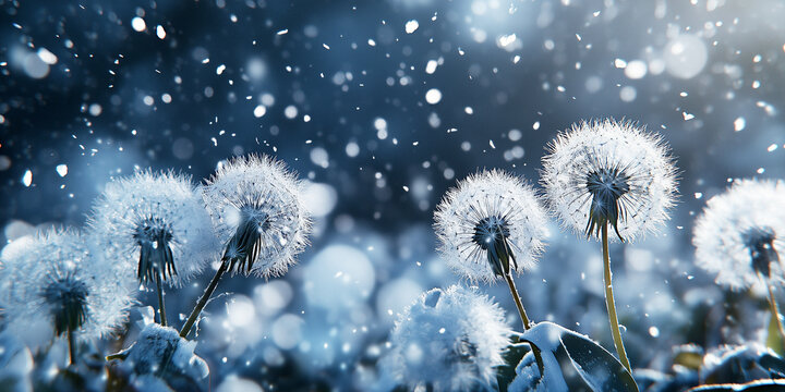 Dandelions covered with snow. Fluffy dandelions against the background of snowfall, illuminated by moonlight close-up. Winter dark bluish background of dandelions - Powered by Adobe