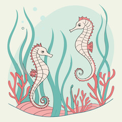 Fototapeta premium Vivid underwater vector illustration of seahorses drifting among flowing seagrass and vibrant corals.