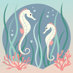 Vivid underwater vector illustration of seahorses drifting among flowing seagrass and vibrant corals.