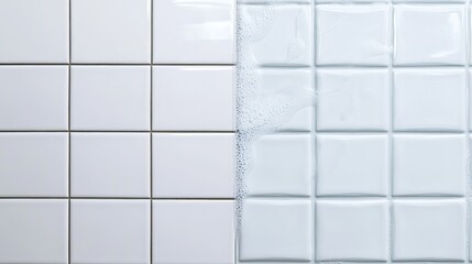 Bathroom tiles shown in a split view comparison showcasing clean grout versus dirty grout