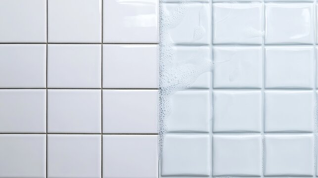 Bathroom tiles shown in a split view comparison showcasing clean grout versus dirty grout