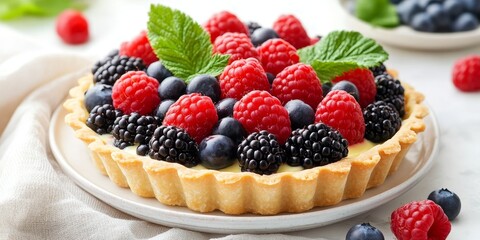 Delicious berry tartlet featuring custard and an assortment of fresh berries, including raspberry, blueberry, redcurrant, and blackberry. A delightful dessert that s easy to enjoy on a diet.