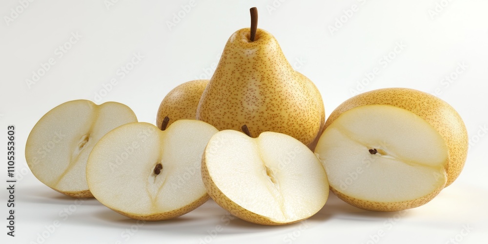 Poster composition featuring whole and sliced nashi pears, beautifully displayed against a white background