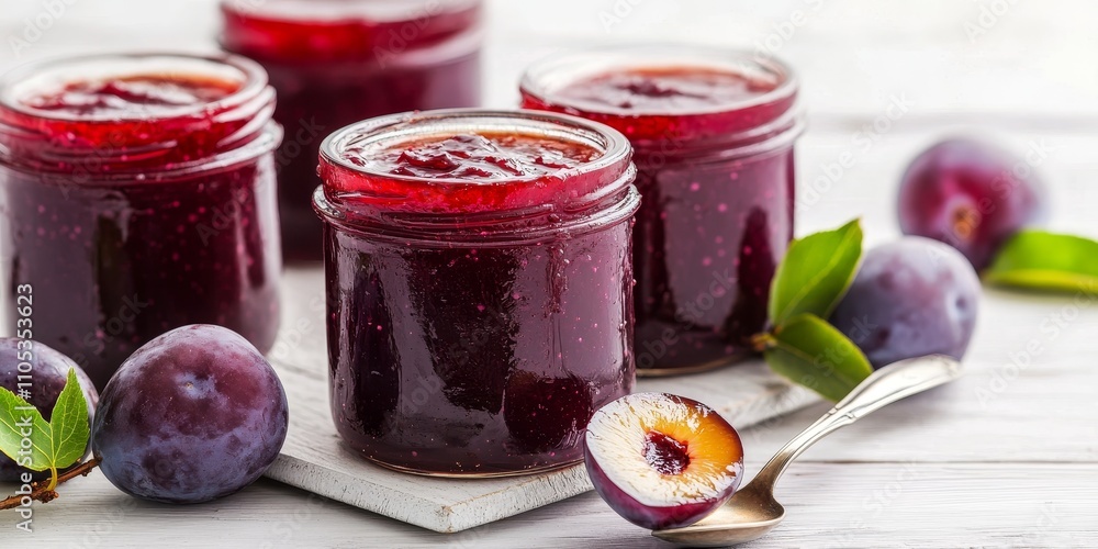 Aufkleber Plum jam neatly stored in jars, accompanied by a spoon, creates a rustic display on a white wooden table, highlighting the rich color and texture of homemade plum jam.