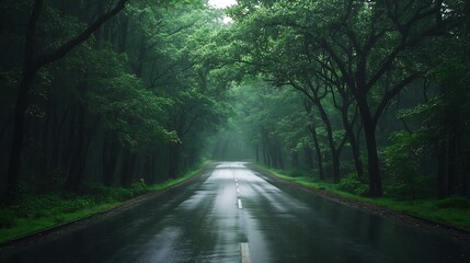 Fototapeta premium A winding asphalt road cuts through a lush green forest.
