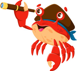 Cartoon crab pirate and corsair sea animal character looking in spyglass and donning tricorn hat. Isolated vector fearsome underwater arthropod personage with a glass in Its claws ready for adventure © Buch&Bee