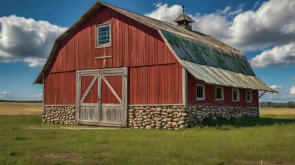Here's a caption and keywords for your stock photo.. Rustic red barn with stone foundation, set against a sunny sky and green field.