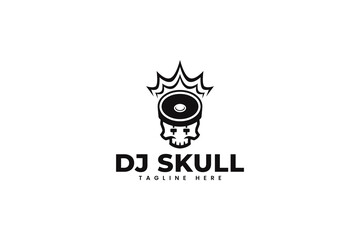 skull head with dj mixer controller, vinyl record, music wave modern logo design template for music instrument and entertainment company business