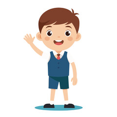 little boy in elementary school uniform waving hand.