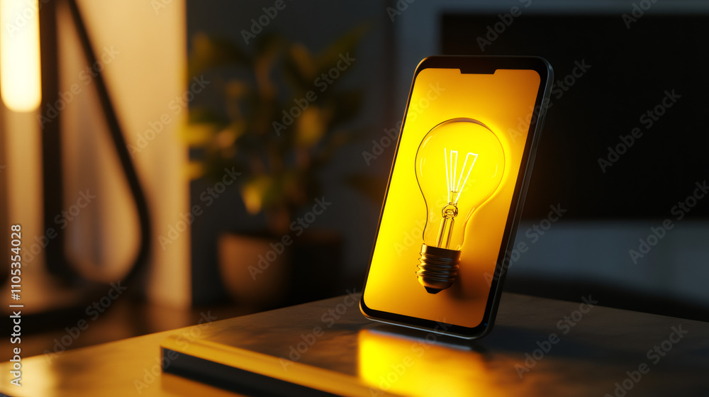 Poster Smartphone screen projecting illuminated light bulb symbolizing innovation and creativity in dimly lit setting
