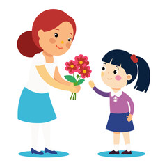 ittle girl gives a bouquet of flowers to her teache