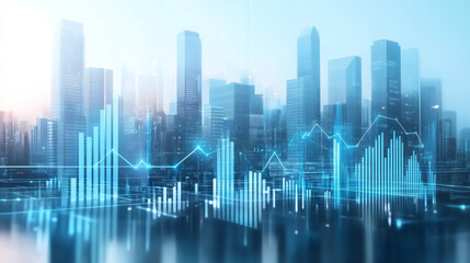 Fototapeta premium Modern cityscape with glowing graphs and charts showing positive economic growth, investment and stock market trading success