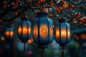 A close-up of intricate, hand-painted lanterns hanging from trees. Generative AI